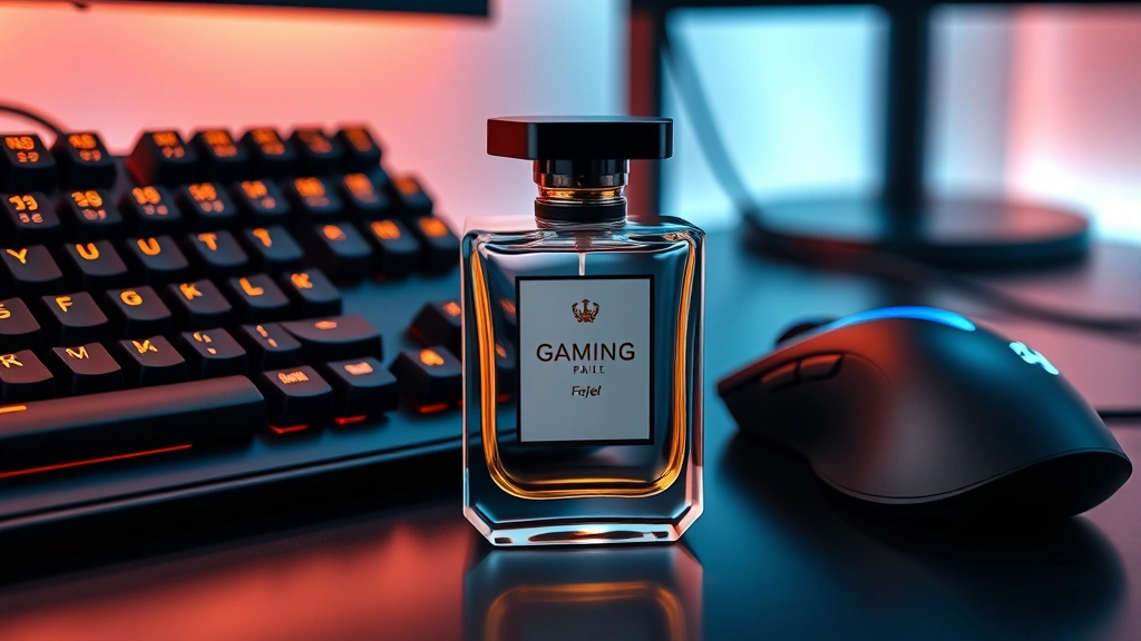 Luxury fragrance bottle with gaming-inspired design on sleek desk beside mechanical keyboard and gaming mouse, minimalist aesthetic, modern gaming setup, photorealistic, professional product photography style