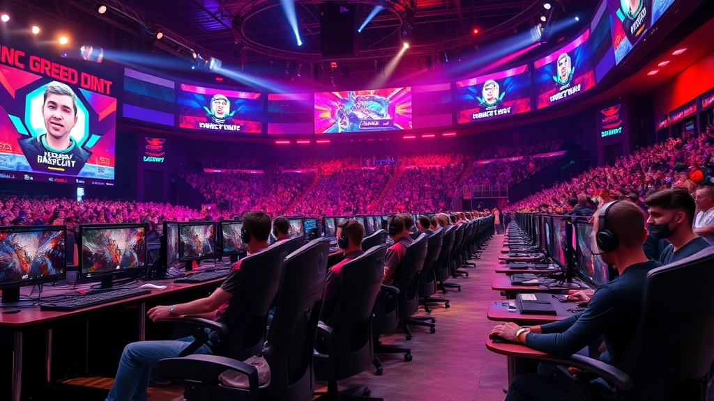 Competitive gaming tournament arena with multiple players at gaming stations, professional lighting, intense atmosphere, crowd in background, photorealistic esports event setting