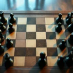 Overhead view of chess board mid-game with black and white pieces in French Defense opening position, dramatic lighting casting shadows across the board, professional chess tournament setting with blurred background