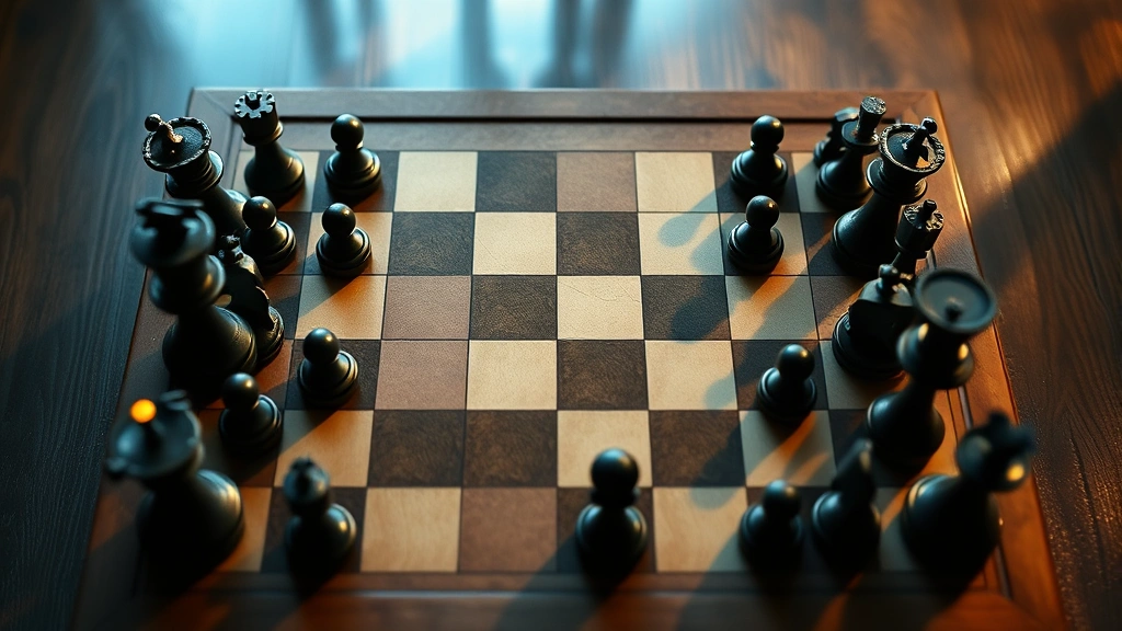 Overhead view of chess board mid-game with black and white pieces in French Defense opening position, dramatic lighting casting shadows across the board, professional chess tournament setting with blurred background