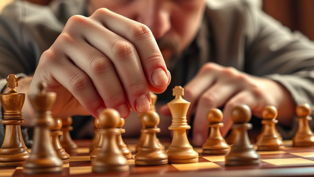 Close-up of chess player's hands hovering over pieces during deep concentration, wooden chess board with carved pieces, warm lighting emphasizing thoughtful expression, tournament atmosphere