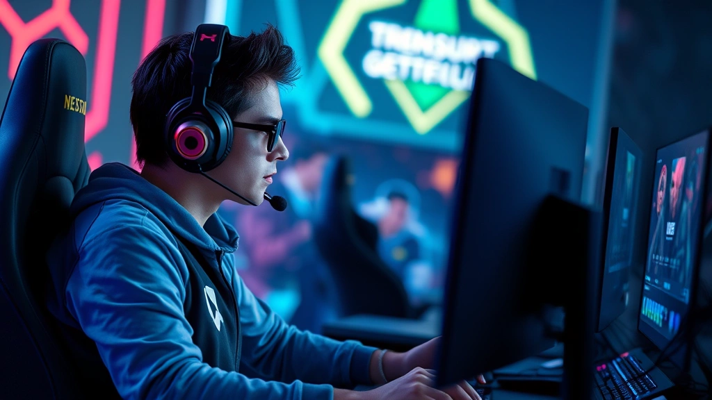 Professional esports player sitting at high-end gaming setup with RGB lighting, wearing headphones, intensely focused on monitor during competitive match