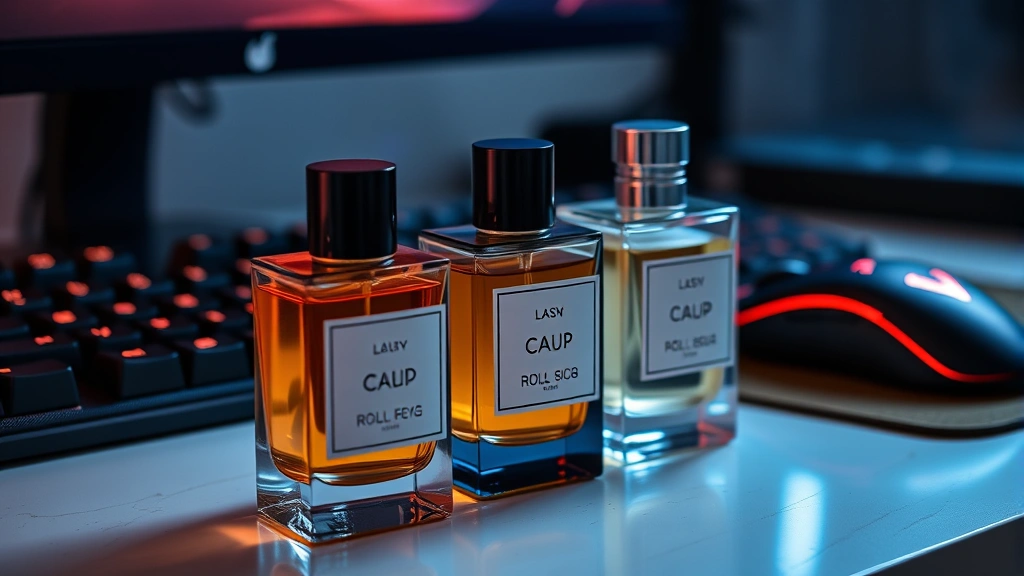 Close-up of luxury fragrance bottles with minimalist gaming-themed design on sleek gaming desk with mechanical keyboard and gaming mouse visible