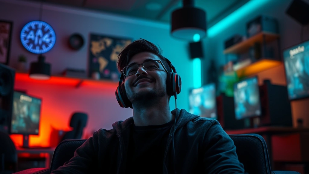 Atmospheric gaming room with ambient lighting showing gamer in comfortable posture, relaxed expression, suggesting mental clarity and confidence during gameplay session