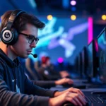Professional esports gamer intensely focused during Squid Game challenge, wearing headset, hands positioned on controls, concentrated expression, modern gaming arena with RGB lighting, multiple monitors visible in background, competitive atmosphere