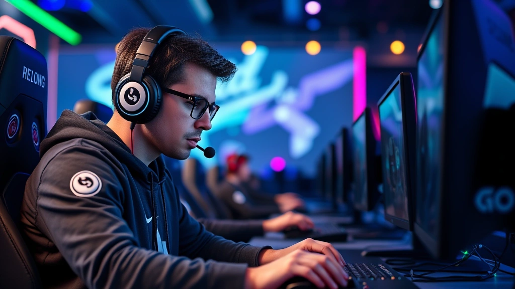 Professional esports gamer intensely focused during Squid Game challenge, wearing headset, hands positioned on controls, concentrated expression, modern gaming arena with RGB lighting, multiple monitors visible in background, competitive atmosphere