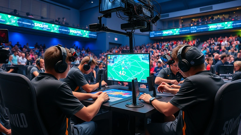Multiple competitive gamers simultaneously playing Squid Game tournament match, strategic positioning visible around game board, tension and concentration evident on faces, professional broadcast setup with overhead cameras, audience watching in stadium setting