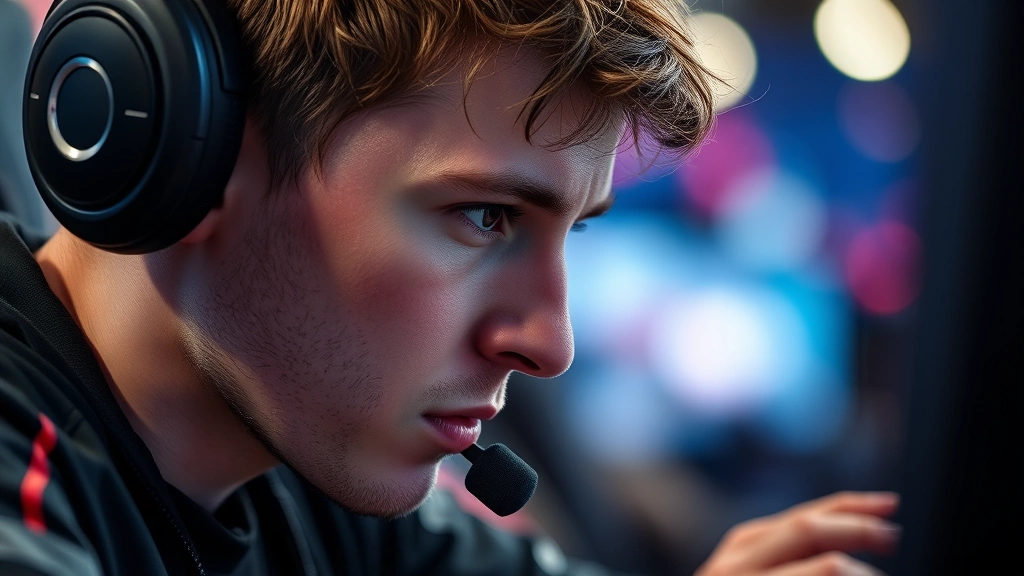 Close-up of professional gamer's face during intense Squid Game moment, genuine concentration and strategic thinking visible, gaming setup blurred in background, dramatic professional lighting, determination and focus evident