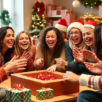 Diverse group of friends laughing and cheering during a competitive Christmas party game challenge, with wrapped presents and holiday decorations visible in background, photorealistic holiday celebration atmosphere