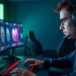 Professional esports player intensely focused on gaming setup with mechanical keyboard and gaming mouse, neon RGB lighting in dark room, mid-competitive moment