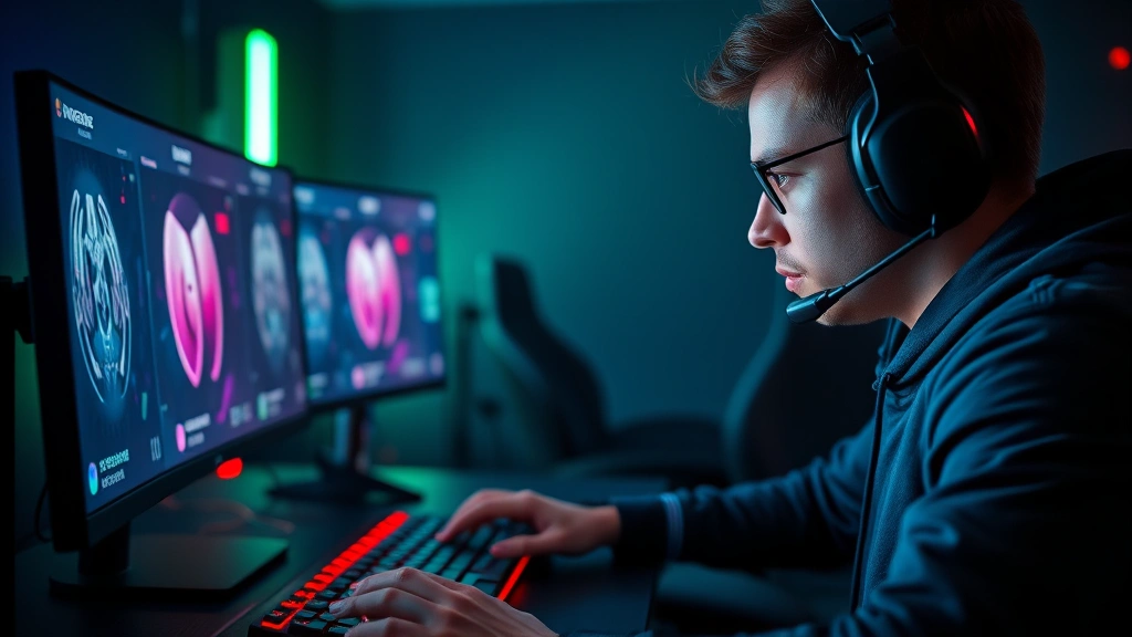 Professional esports player intensely focused on gaming setup with mechanical keyboard and gaming mouse, neon RGB lighting in dark room, mid-competitive moment