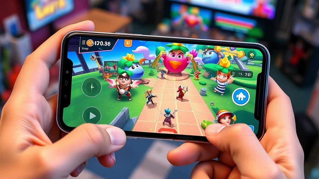 Colorful mobile gaming interface showing game characters and vibrant UI elements, hands holding smartphone with gaming app displayed, casual gaming environment