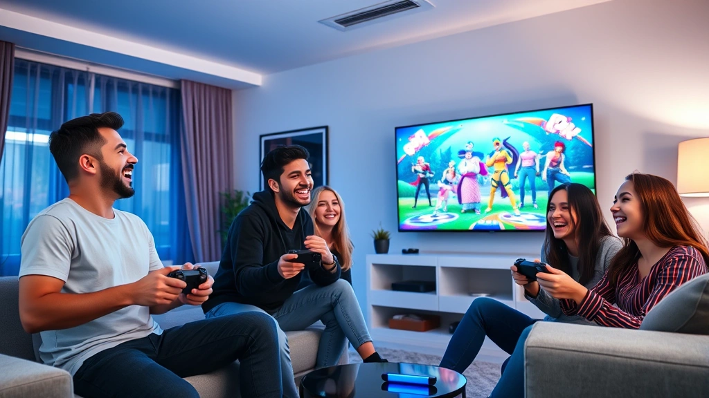 Group of friends laughing and playing party games on console together in modern living room, colorful game characters visible on large television screen, celebratory atmosphere