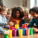 Group of diverse children enthusiastically playing a physical game indoors, stacking colorful plastic cups with focused concentration and bright smiles, natural lighting from windows