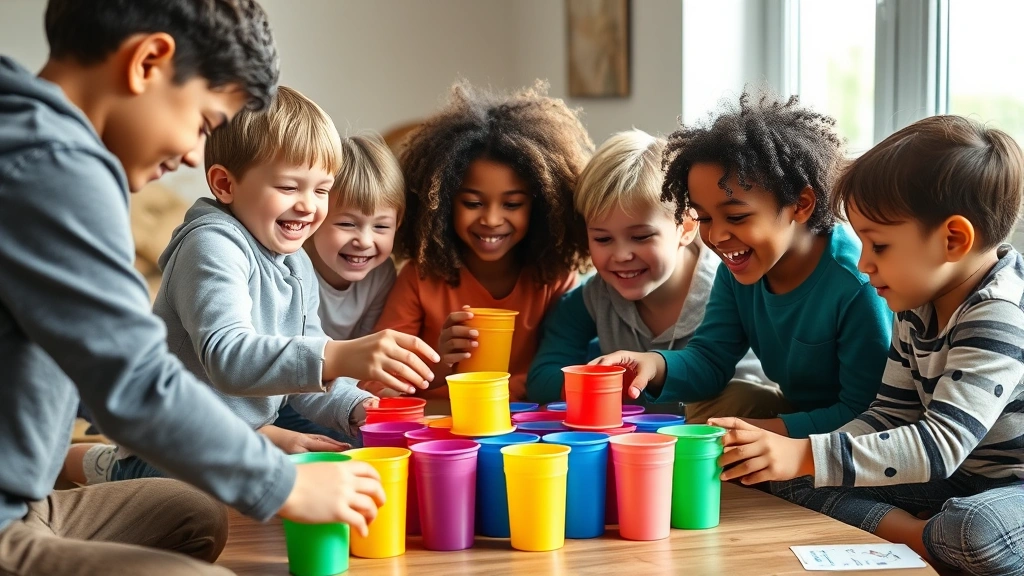 Group of diverse children enthusiastically playing a physical game indoors, stacking colorful plastic cups with focused concentration and bright smiles, natural lighting from windows