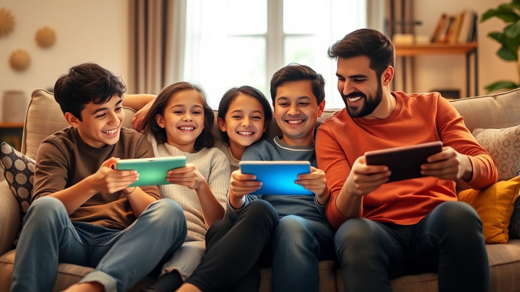 Family of four sitting together on a couch playing digital games on tablets and controllers, laughing and celebrating, cozy living room setting with warm lighting