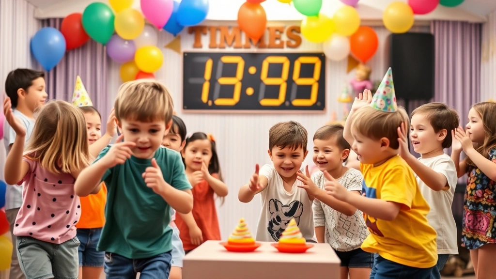 Children at a birthday party competing in a physical minute game challenge with a large visible timer in background, cheering participants, colorful decorations and balloons around them