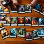 Overhead view of colorful fantasy trading cards spread across wooden table, intricate magical artwork visible, warm lighting, professional card game setup, no text or UI elements