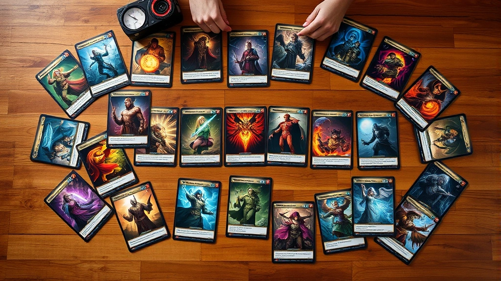 Overhead view of colorful fantasy trading cards spread across wooden table, intricate magical artwork visible, warm lighting, professional card game setup, no text or UI elements