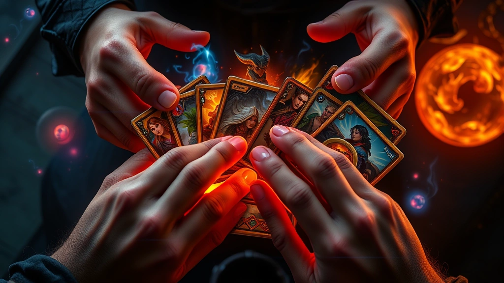 Close-up of hands arranging multiple fantasy cards in strategic formation, glowing magical effects around cards, focused concentration, detailed card illustrations, no game interface or text