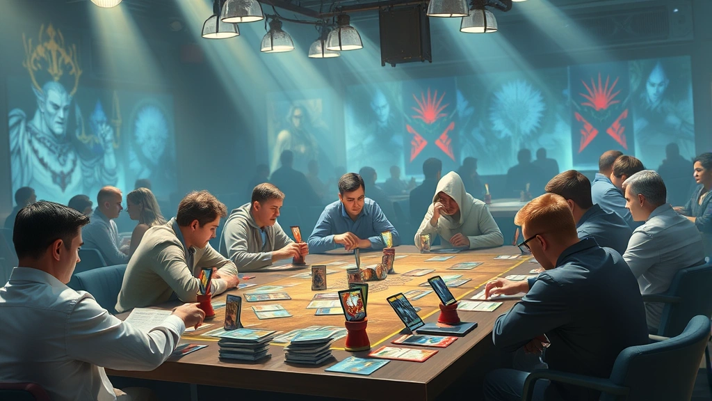 Competitive card game tournament scene with players at tables, fantasy cards displayed prominently, intense strategic atmosphere, professional gaming environment, vibrant magical card designs visible