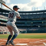 Professional baseball player in batting stance at home plate during day game, realistic stadium background with crowd blur, photorealistic sports photography style, natural lighting, no HUD or text overlays