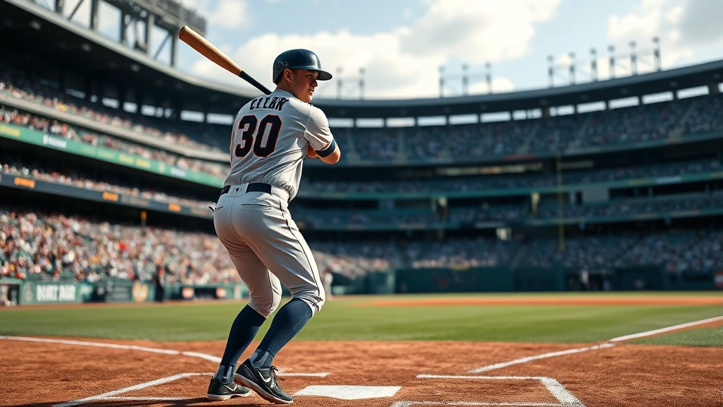 Professional baseball player in batting stance at home plate during day game, realistic stadium background with crowd blur, photorealistic sports photography style, natural lighting, no HUD or text overlays