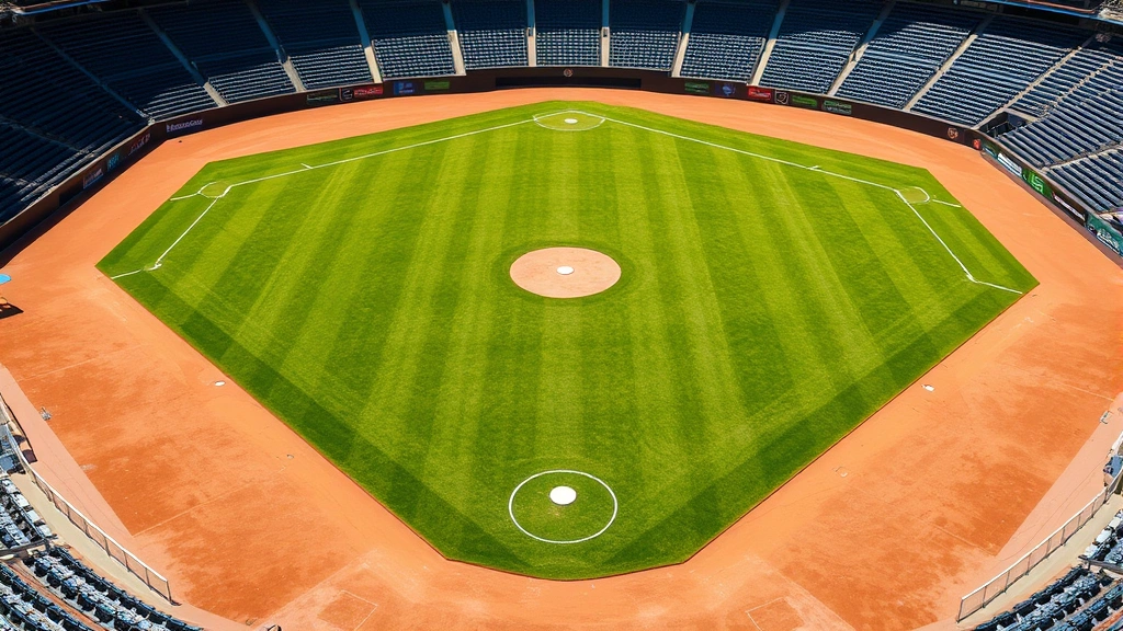 Baseball field from aerial perspective showing perfectly manicured grass, white chalk lines, bases visible, sunny weather with shadows, photorealistic sports venue photography, stadium seating blurred background, no graphics or text