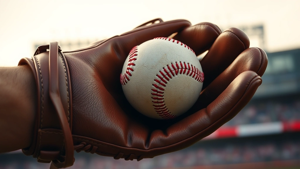 Close-up of baseball glove catching ball mid-action, leather texture detail, motion blur background, professional sports photography, natural stadium lighting, no game UI or menus