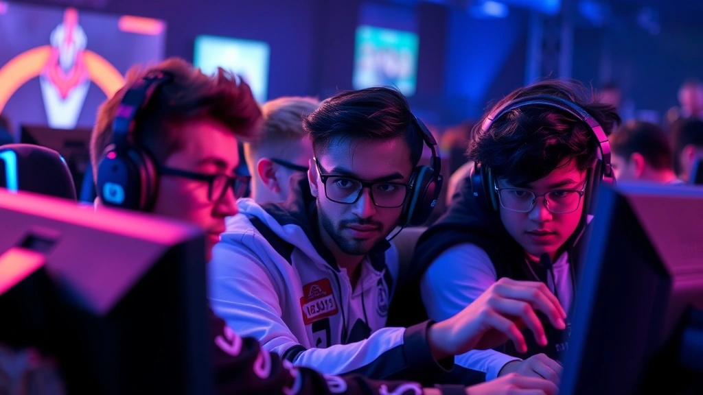 Professional esports players competing intensely at gaming tournament, focused expressions, RGB lighting, high-energy atmosphere, no UI elements visible