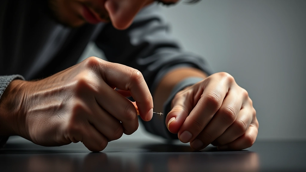 Close-up of hands performing precision task under timed pressure, concentration visible, minimalist background, dramatic lighting emphasizing focus