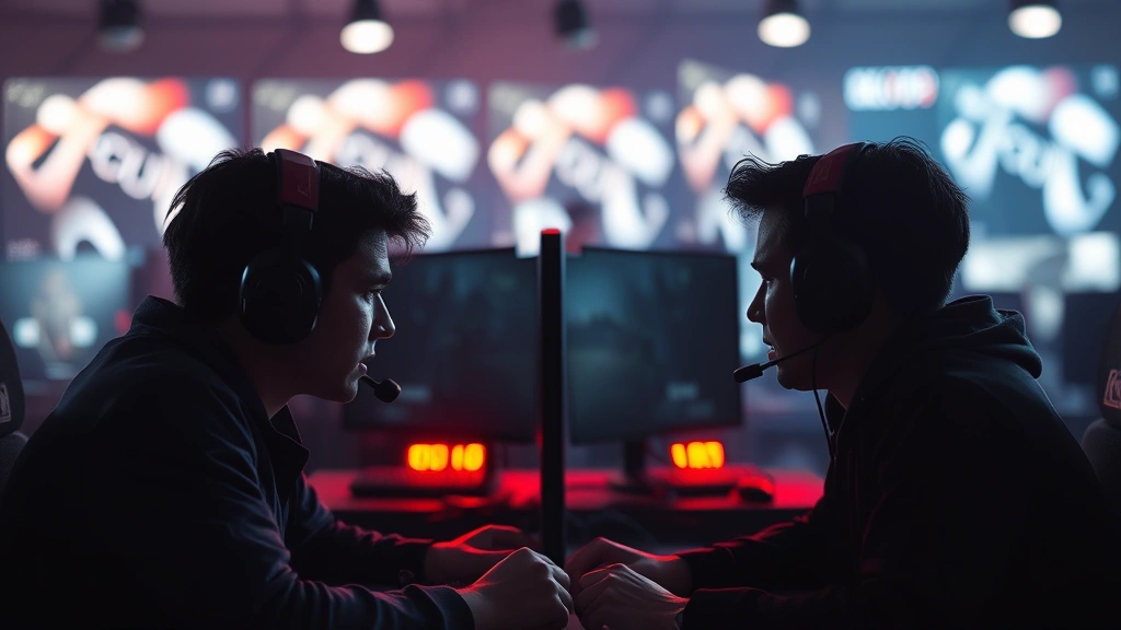 Two competitive gamers facing off in final round, intense moment captured, gaming setup visible but blurred, dramatic shadows and lighting