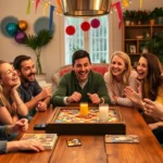 A diverse group of friends laughing together at a living room party table during a game night, with colorful party decorations and casual clothing, warm evening lighting, genuine joy on faces, no game boards visible, natural candid moment of pure fun and social connection