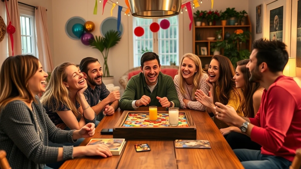 A diverse group of friends laughing together at a living room party table during a game night, with colorful party decorations and casual clothing, warm evening lighting, genuine joy on faces, no game boards visible, natural candid moment of pure fun and social connection