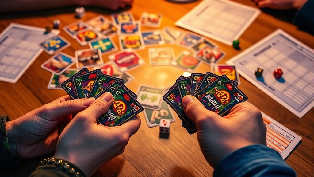 Close-up of hands holding game cards with vibrant text and designs, scattered on a wooden table surface with dice and score sheets nearby, warm ambient lighting highlighting the card details, showing the physical quality and colorful presentation of party game components