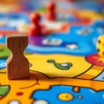 Close-up of a wooden board game piece on a colorful game board with dice, vibrant gaming atmosphere, photorealistic style, no text or UI elements