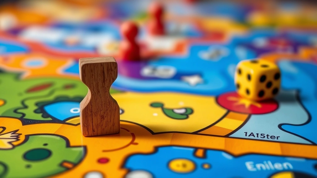 Close-up of a wooden board game piece on a colorful game board with dice, vibrant gaming atmosphere, photorealistic style, no text or UI elements