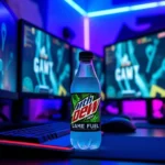 Vibrant neon-lit gaming setup with multiple monitors displaying competitive gameplay, Mountain Dew Game Fuel bottle prominently placed on desk beside gaming keyboard and mouse, blue and purple ambient lighting creating intense gaming atmosphere