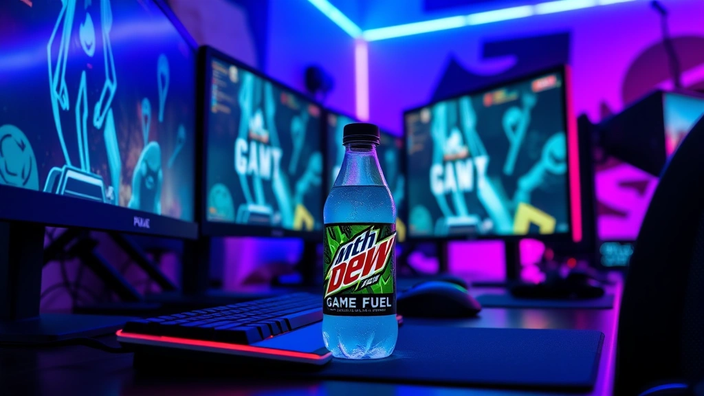Vibrant neon-lit gaming setup with multiple monitors displaying competitive gameplay, Mountain Dew Game Fuel bottle prominently placed on desk beside gaming keyboard and mouse, blue and purple ambient lighting creating intense gaming atmosphere