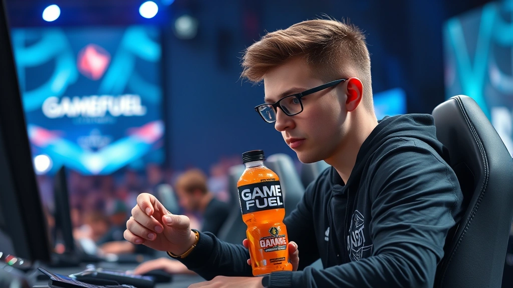 Professional esports player at tournament desk during championship match, focused expression, hand reaching for Game Fuel bottle, crowd visible in blurred background, stage lighting highlighting the energy drink