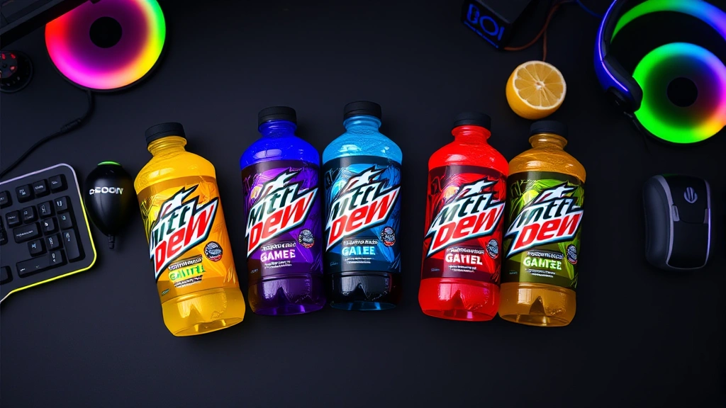 Flat lay composition of multiple Mountain Dew Game Fuel flavor varieties arranged artistically on dark gaming surface, bottles showing different color variations including blue, purple, and citrus yellow, surrounded by gaming peripherals and RGB lighting