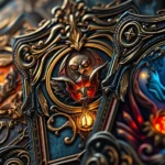 Detailed close-up of ornate fantasy trading cards with intricate magical artwork, dramatic lighting highlighting metallic details and glowing enchantments, photorealistic fantasy illustration style