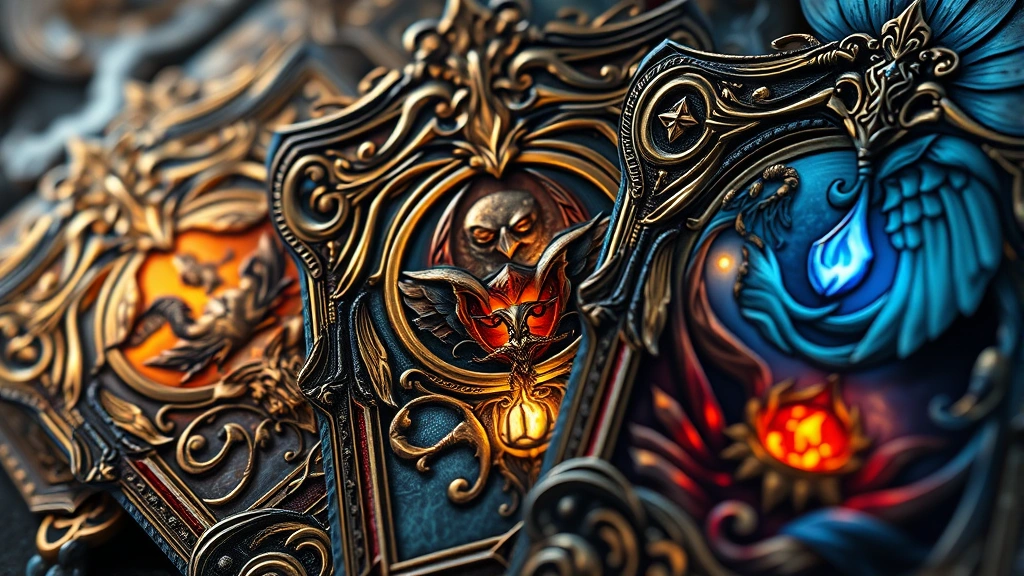 Detailed close-up of ornate fantasy trading cards with intricate magical artwork, dramatic lighting highlighting metallic details and glowing enchantments, photorealistic fantasy illustration style