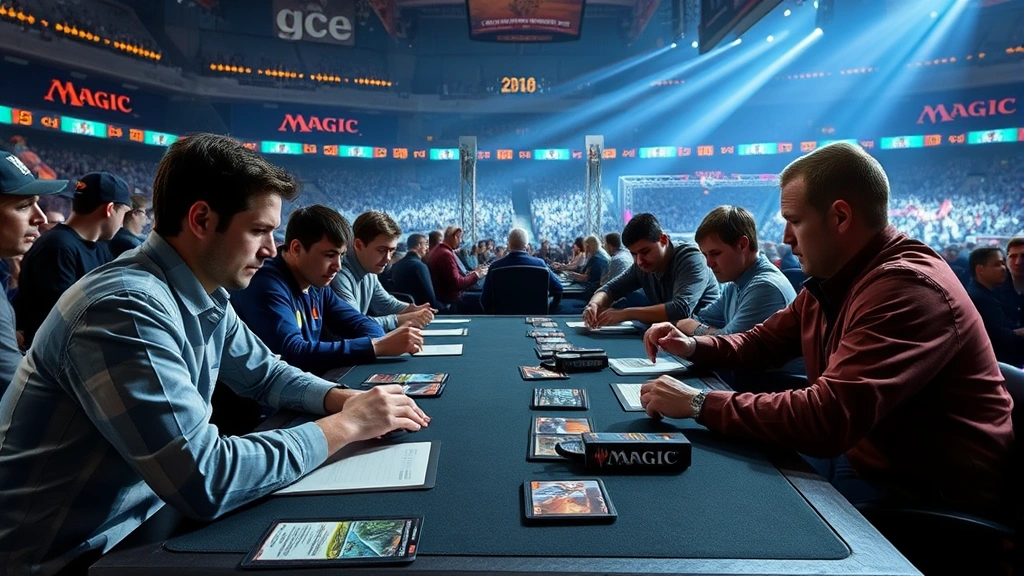 Professional tournament scene with players sitting across table with Magic cards and gaming mats, intense competitive atmosphere, stadium lighting, focused expressions, no visible card text or UI elements