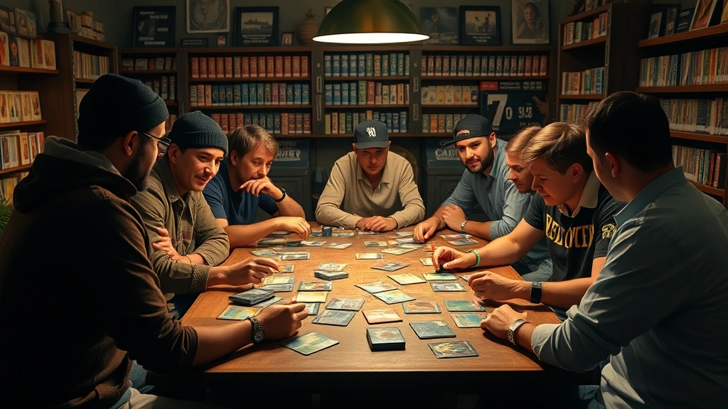 Diverse group of gamers gathered around table in cozy game store playing Magic, warm ambient lighting, cards and dice visible, community engagement moment, no scoreboard or text visible