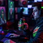Professional gamer sitting at high-end gaming setup with monitor, keyboard, mouse, and RGB lighting, holding Mountain Dew Game Fuel can during intense esports match, focused expression, gaming room background