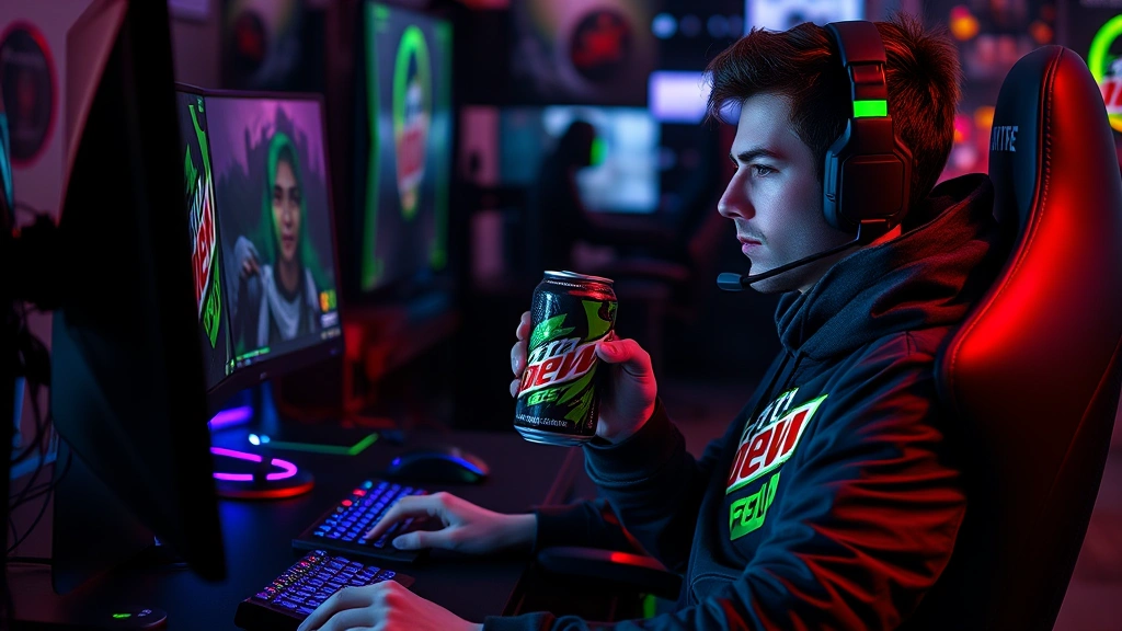 Professional gamer sitting at high-end gaming setup with monitor, keyboard, mouse, and RGB lighting, holding Mountain Dew Game Fuel can during intense esports match, focused expression, gaming room background