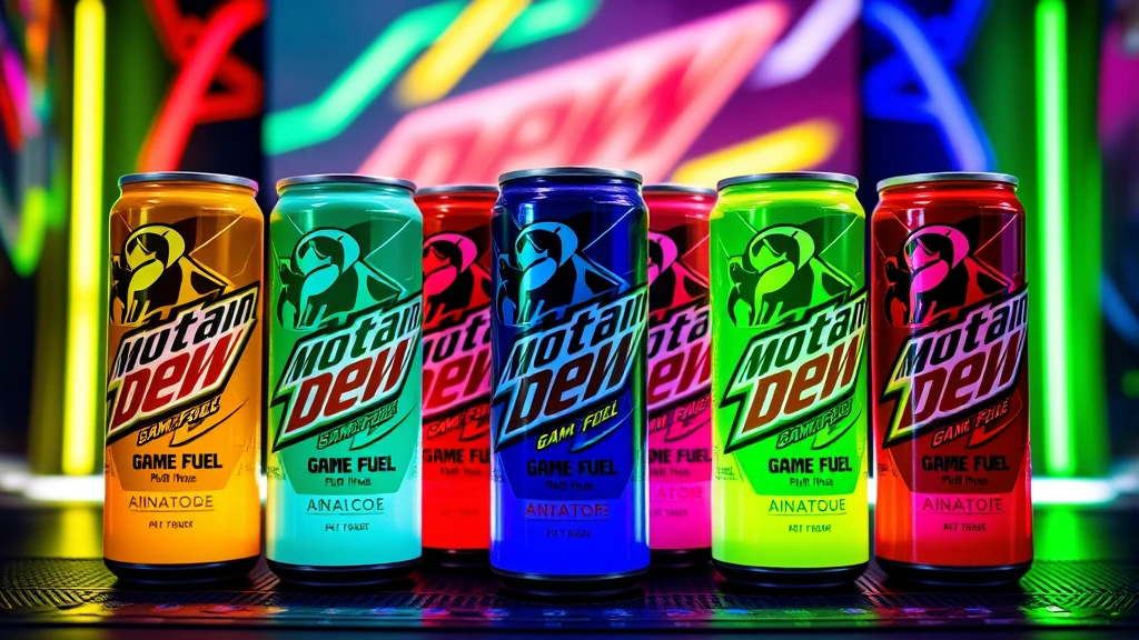 Colorful lineup of different Mountain Dew Game Fuel flavors displayed on gaming desk with neon lighting, cans showing various vibrant colors, modern gaming aesthetic background