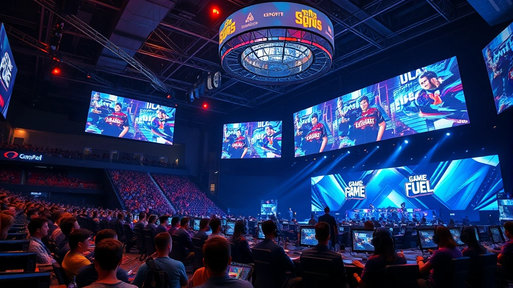 Esports tournament arena with large screens showing competitive gaming, crowd watching, players at gaming stations with Game Fuel visible, professional lighting and setup