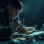 Detective examining crime scene with magnifying glass in noir-lit room, photorealistic detailed investigation, evidence scattered on table, dramatic shadows and lighting